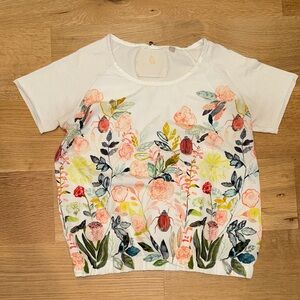 Anthropologie Popilla White Floral painted Michelle Morin Short Sleeve Blouse M